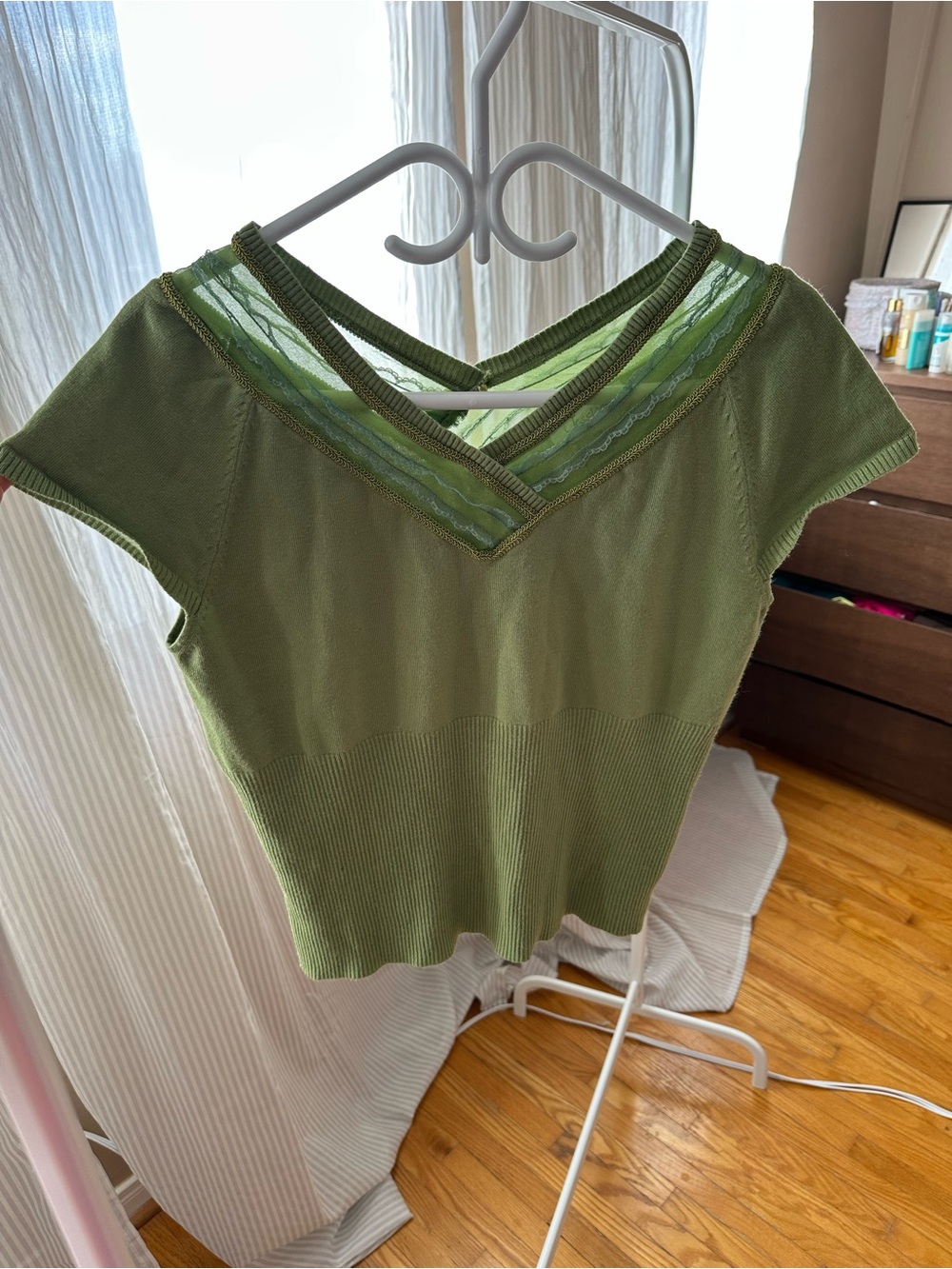 Y2K Vintage Olive Green Women's Knit V-Neck Short Sleeve Top